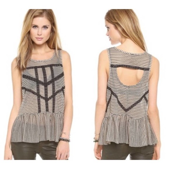 Free People Striped Sleeveless Open Back Lace Trim Peplum Top ~ XS / Extra Small - Picture 2 of 10
